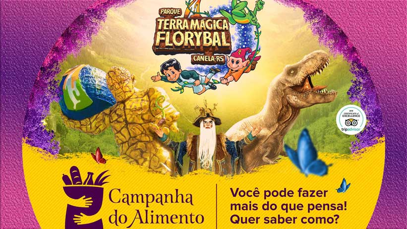 Desenhos lúdicos de dinossauros, magos e seres voadores são exibidos junto ao texto: Parque Terra Mágica Florybal Canela-RS