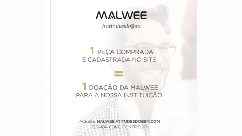 Ao fundo a imagem de um homem sorrindo e o texto: 1 peça comprada e cadastrada no site = 1 doação para a nossa instituição