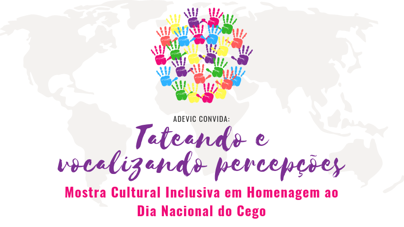 Mapa do mundo em cor clara é exibido sobre um fundo branco, sobre o qual aparece o desenho de diversas mãos coloridas no formato de um globo