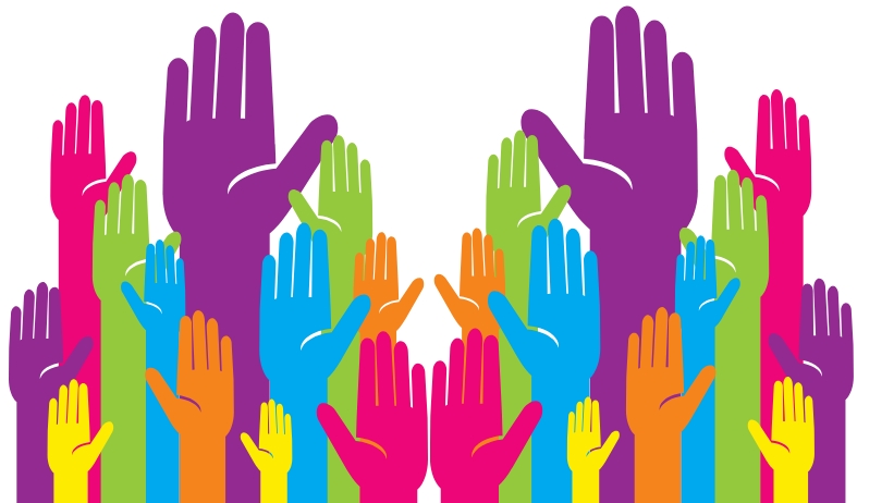 Várias mãos, desenhadas em diversas e vibrantes cores, estendidas para o alto